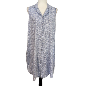 Joie 100% Cotton Sleeveless Blue White Ditsy Floral Shirt Dress Medium Pockets